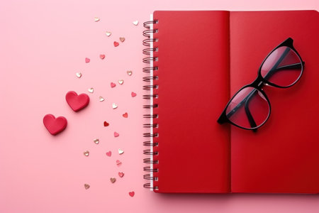 Flat lay of red notebook covered with headphones on pink background. Generative AI.の素材