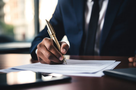 Business man with suit signing a new contract. Generative AI.の素材