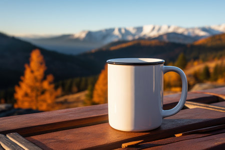 Enamel mug mockup professional shot, mountain in the background, direct light. Generative AIの素材