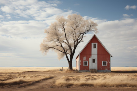 Minimalism large two-story barn in field with trees. Generative AIの素材