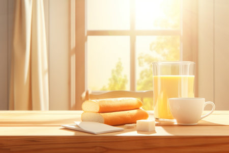 Wooden table with bread soy milk soy milk bags style bright kitchen background. Generative AIの素材