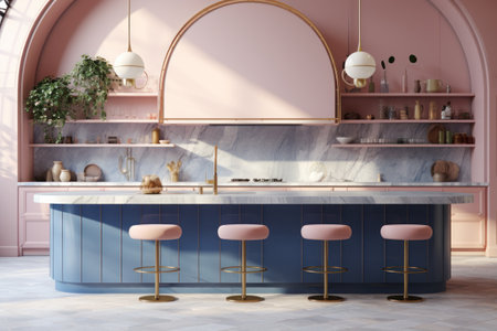 kitchen design, in the style of light pink and light indigo bold curves marble. Generative AIの素材