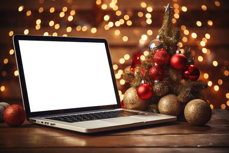 Laptop computer adorned with charming Christmas ornaments. Generative AIの素材