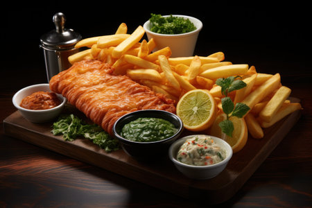Fish and chips dish in a wicker basket on a wooden table. Generative AIの素材