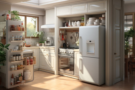 Small modern kitchen set with open shelves, portable stove, refrigerator, sink. Generative AIの素材