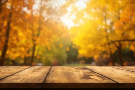 The empty wooden table top with blur background of autumn. Generative AIの素材