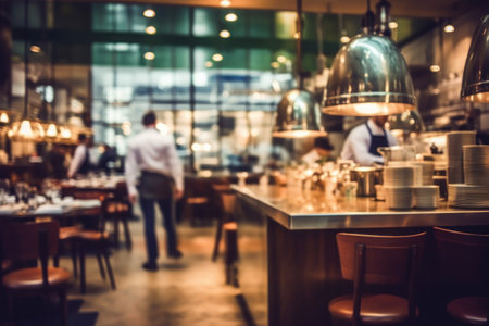 Blurred restaurant background with some people eating and chefs and waiters working. Generative AIの素材