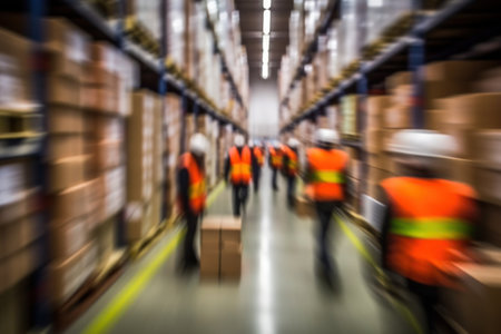 Blurred image of warehouse employees in action, moving shipping boxes efficiently. Generative AIの素材