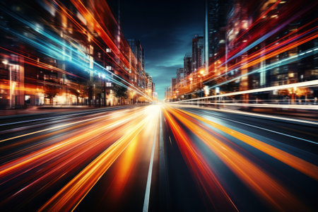 Abstract long exposure dynamic speed light trails background. Generative AI.の素材