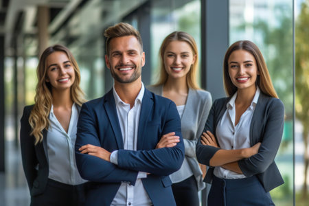 Leader or manager looking happy face portrait of ambitious corporate men and women. Generative AI.の素材