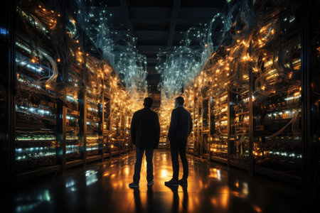 Businessmen having a discussion in a modern data center, surrounded by servers. Generative AI.の素材