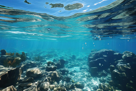 Image of open ocean, in the style of sparkling water reflections. Generative AI.の素材