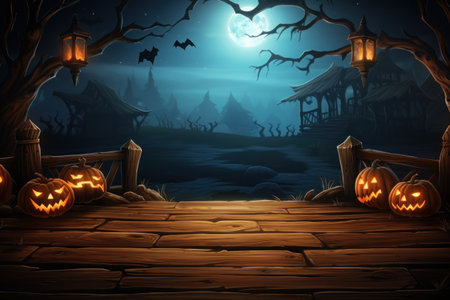 Wooden deck floor on the background of halloween theme background. Generative AI.の素材