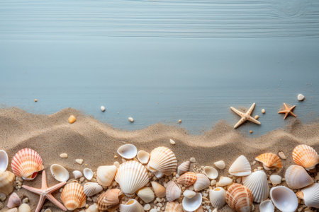 Frame of seashells on the beach. Generative AI.の素材