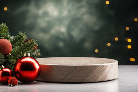 Product display podium in the foreground, copy space, with christmas theme. Generative AI.の素材