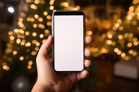 Hand holding smartphone blank white screen on the background of christmas. Generative AI.の素材
