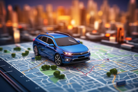 Road with GPS navigation on city map. Car road, street, highway roadmap. Generative AI.の素材