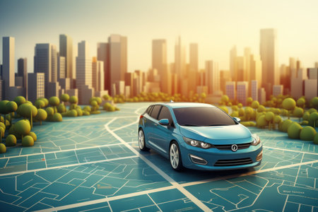 Road with GPS navigation on city map. Car road, street, highway roadmap. Generative AI.の素材