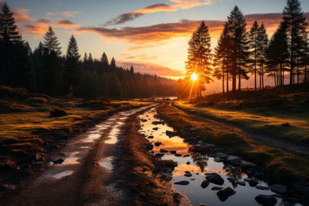 Beautiful sunrise in a rural village in the morning. Generative AI.の素材