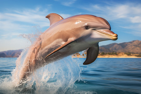Dolphin playing and jumping out of the water , professional photography. Generative AI.の素材