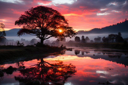 Beautiful sunrise in a rural village in the morning. Generative AI.の素材