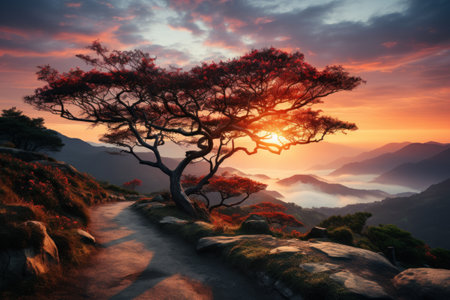 Beautiful sunrise in a rural village in the morning. Generative AI.の素材