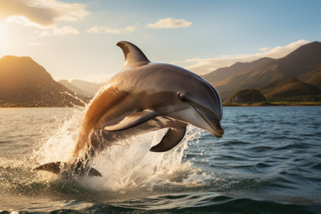Dolphin playing and jumping out of the water , professional photography. Generative AI.の素材
