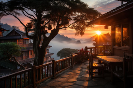 Beautiful sunrise in a rural village in the morning. Generative AI.の素材