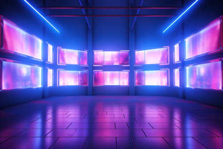 Background wall made of glowing tv screens, 3d unreal render, vibrant. Generative AI.の素材