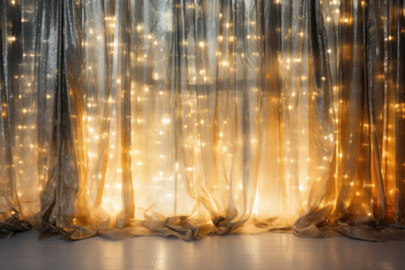 light curtains in golden and silver background stock photo made of crystals. Generative AI.の素材
