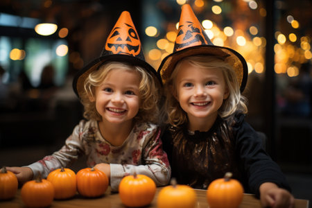 Children Trick Or Treating with Jack-O-Lantern Candy Buckets on Halloween.の素材