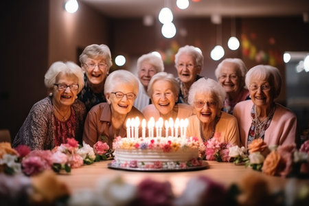 Senior women and friends candles on birthday cake for a celebration. Generative AI.の素材