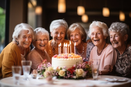Senior women and friends candles on birthday cake for a celebration. Generative AI.の素材