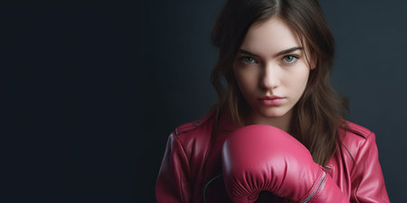 Fragile weak looking young woman with pink boxing gloves. Wide banner copy space. Generative AI.の素材