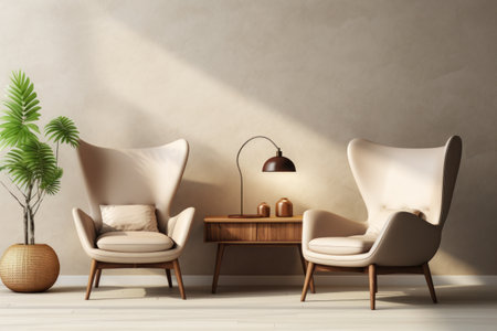 Modern beige wing chair near modern. Interior design of minimalist living room. Generative AI.の素材