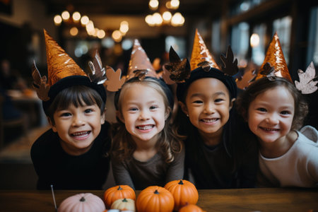 Children Trick Or Treating with Jack-O-Lantern Candy Buckets on Halloween.の素材