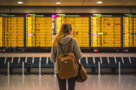 A young woman at an international airport looks at the flight information board. Generative AI.の素材