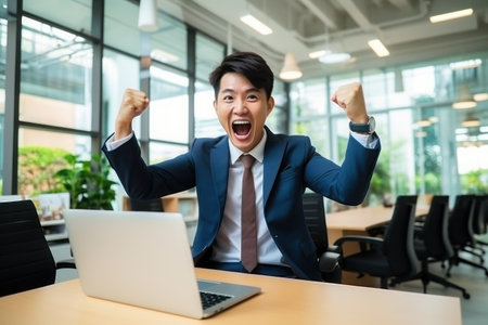 Asian man the office background in the suit the laptop on table and happy. Generative AI.の素材