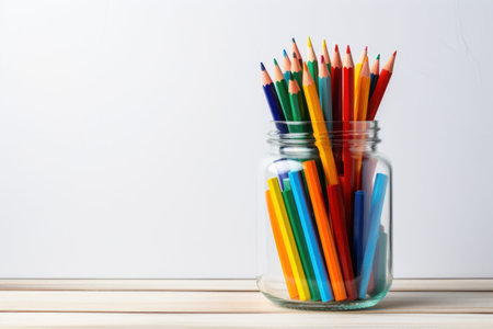 A Jar filled to the brim with colorful and diverse school supplies minimalist. Generative AI.の素材