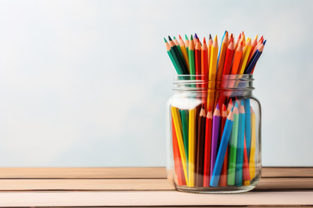 A Jar filled to the brim with colorful and diverse school supplies minimalist. Generative AI.の素材
