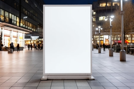 Public shopping center mall advertisement board space as empty blank white mockup. Generative AI.の素材