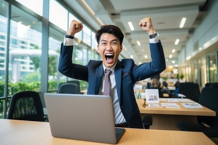 Asian man the office background in the suit the laptop on table and happy. Generative AI.の素材