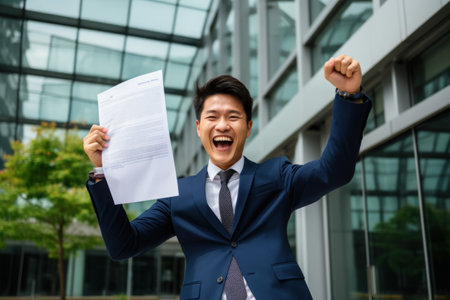 Asian man the office background in the suit held the contract with one hand and happy. Generative AI.の素材