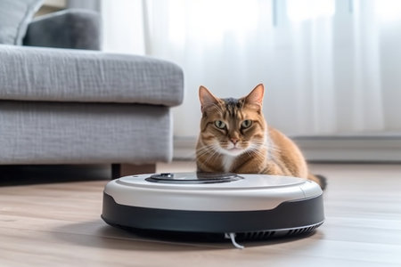 Cat sits on top of a robot vacuum cleaner, cleaning up scraps on the living room floor. Generative AI.の素材