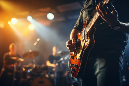 Music band group perform on a concert stage.Guitarist on stage for background. Generative AI.の素材