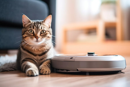 Cat sits on top of a robot vacuum cleaner, cleaning up scraps on the living room floor. Generative AI.の素材
