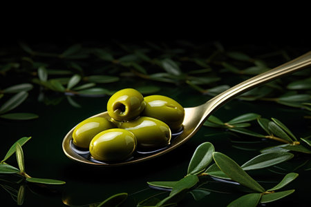 Olives on a spoon on a green background with oil and olive leaves. Generative AI.の素材