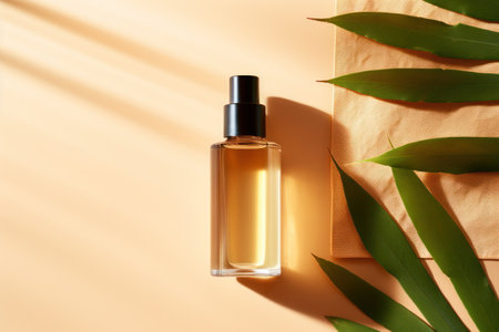 Bottle of cosmetic oil on beige background, top view. Space for text. Generative AI.の素材