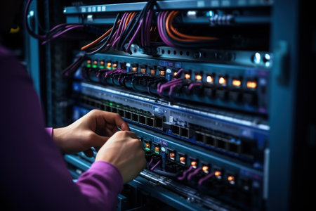 The system administrator configures the wires of the network equipment. Generative AI.の素材