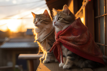 Two kittens sitting looking at the sunset in Japan. Generative AI.の素材